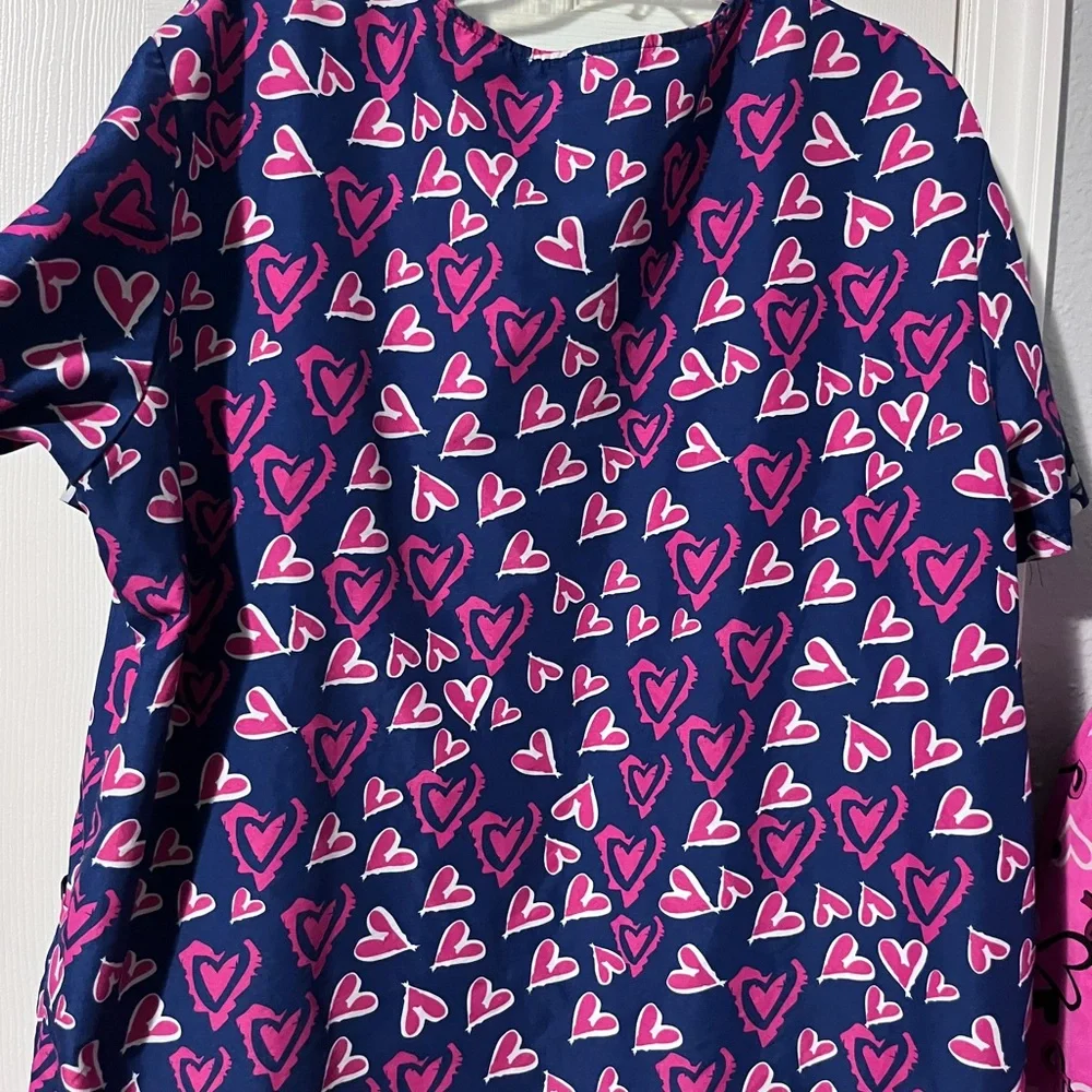 Heart Patterned Scrub Tops - Pink, Blue, set of 3 - Picture 11 of 14